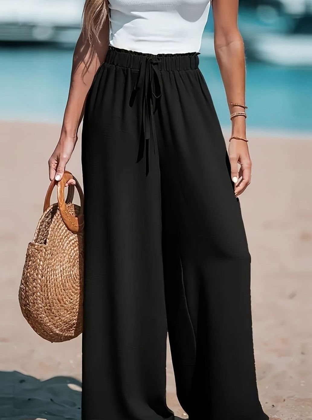 Women's High-Waist Wide-Leg Drawstring Palazzo Trousers - Black