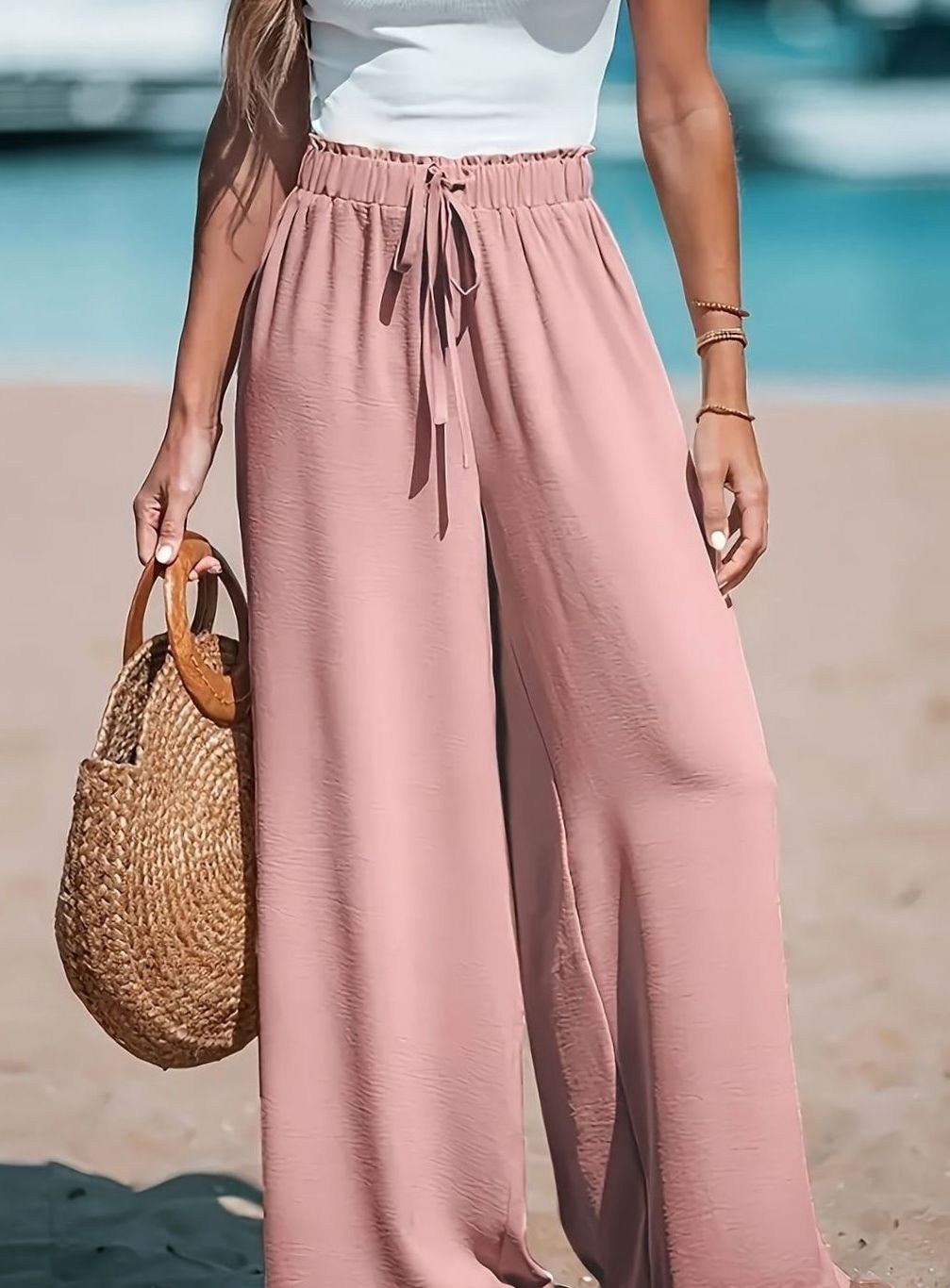 Women's High-Waist Wide-Leg Drawstring Palazzo Trousers - Pink