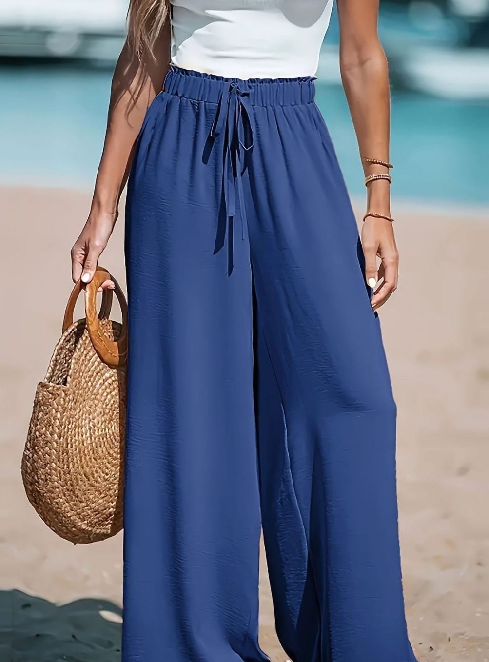 Women's High-Waist Wide-Leg Drawstring Palazzo Trousers - Royal Blue