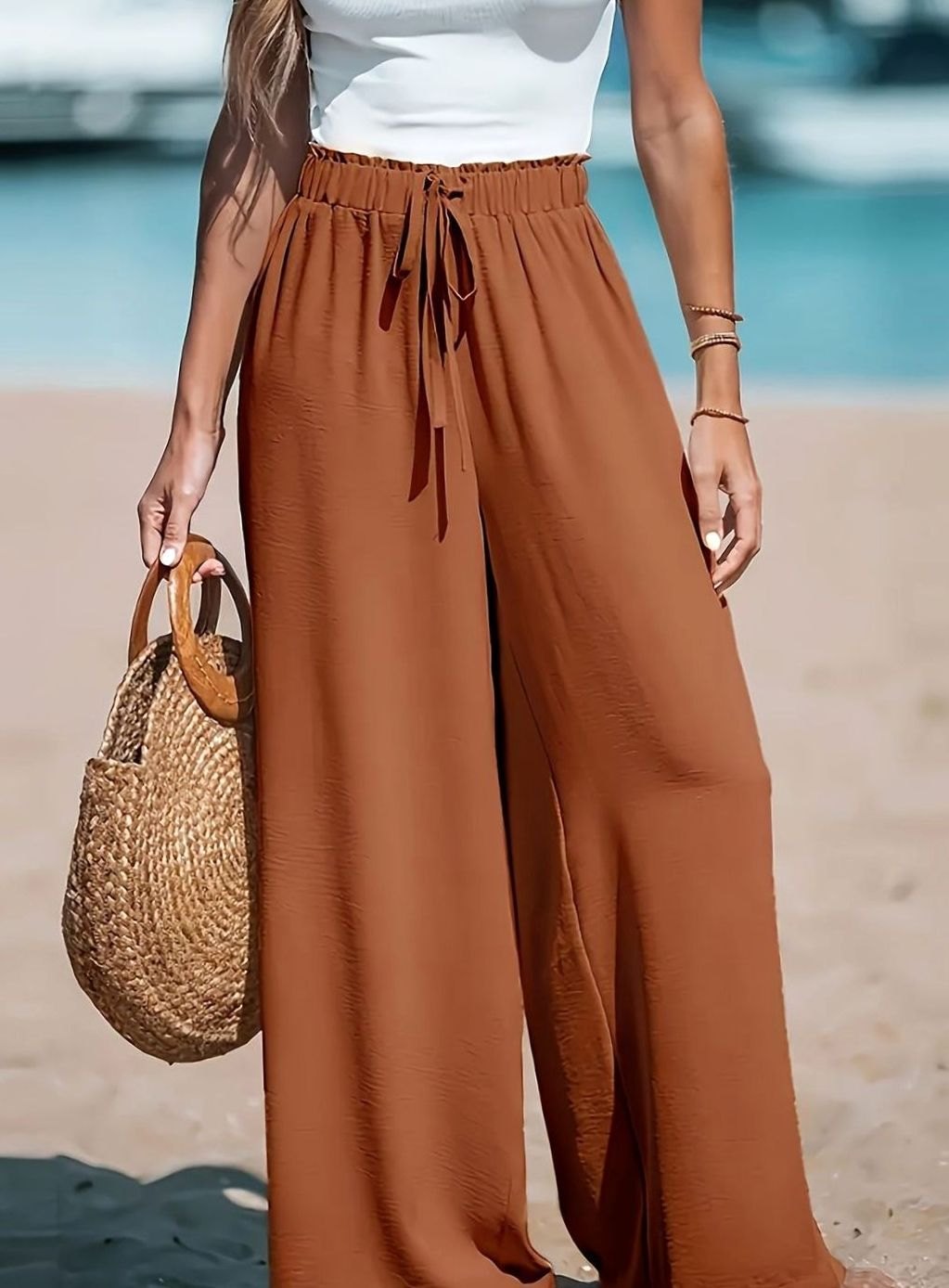Women's High-Waist Wide-Leg Drawstring Palazzo Trousers - Rust
