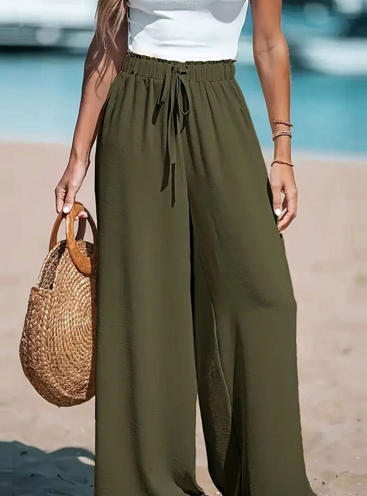 Women's High-Waist Wide-Leg Drawstring Palazzo Trousers - Olive Green
