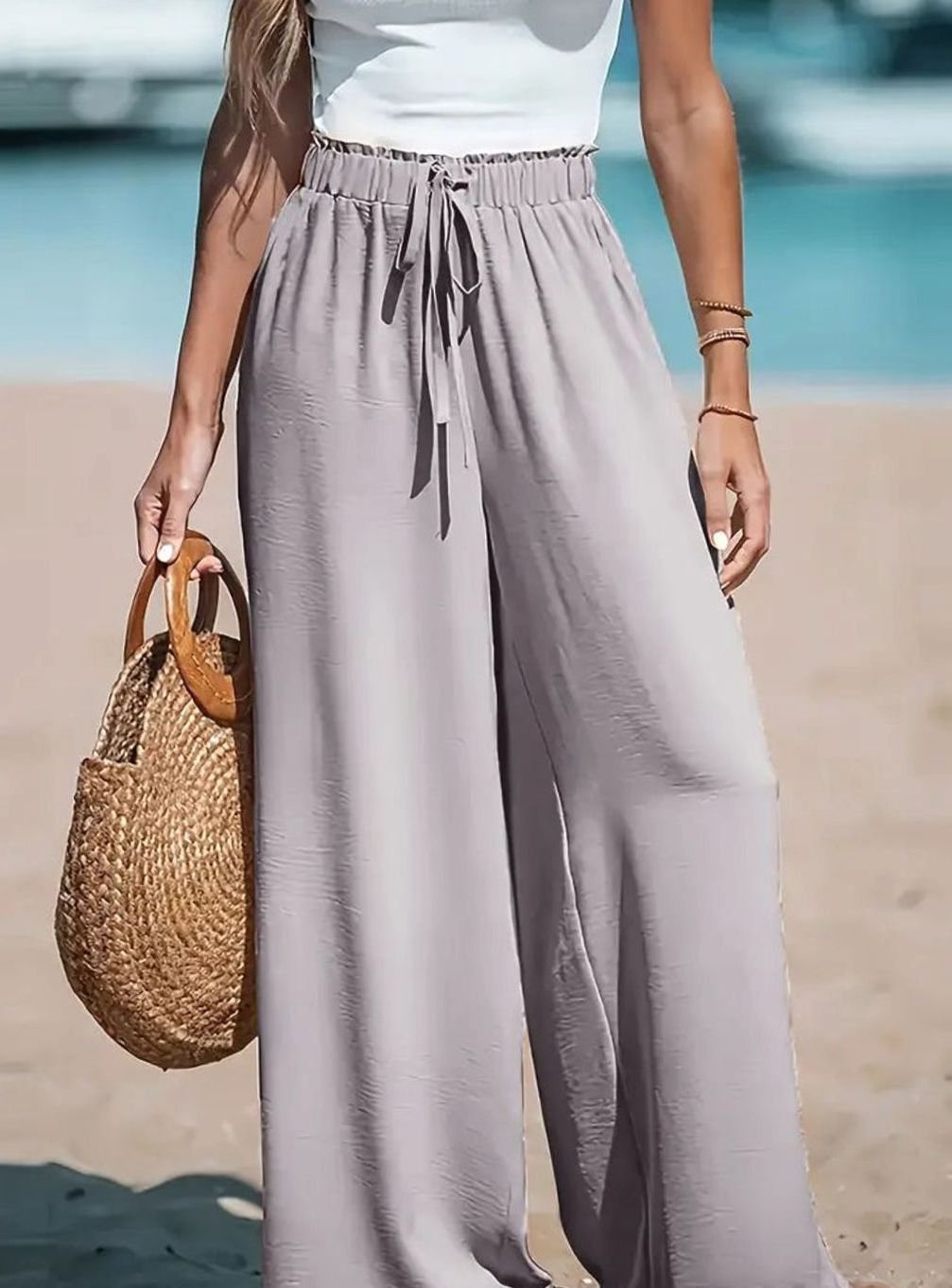 Women's High-Waist Wide-Leg Drawstring Palazzo Trousers - Grey