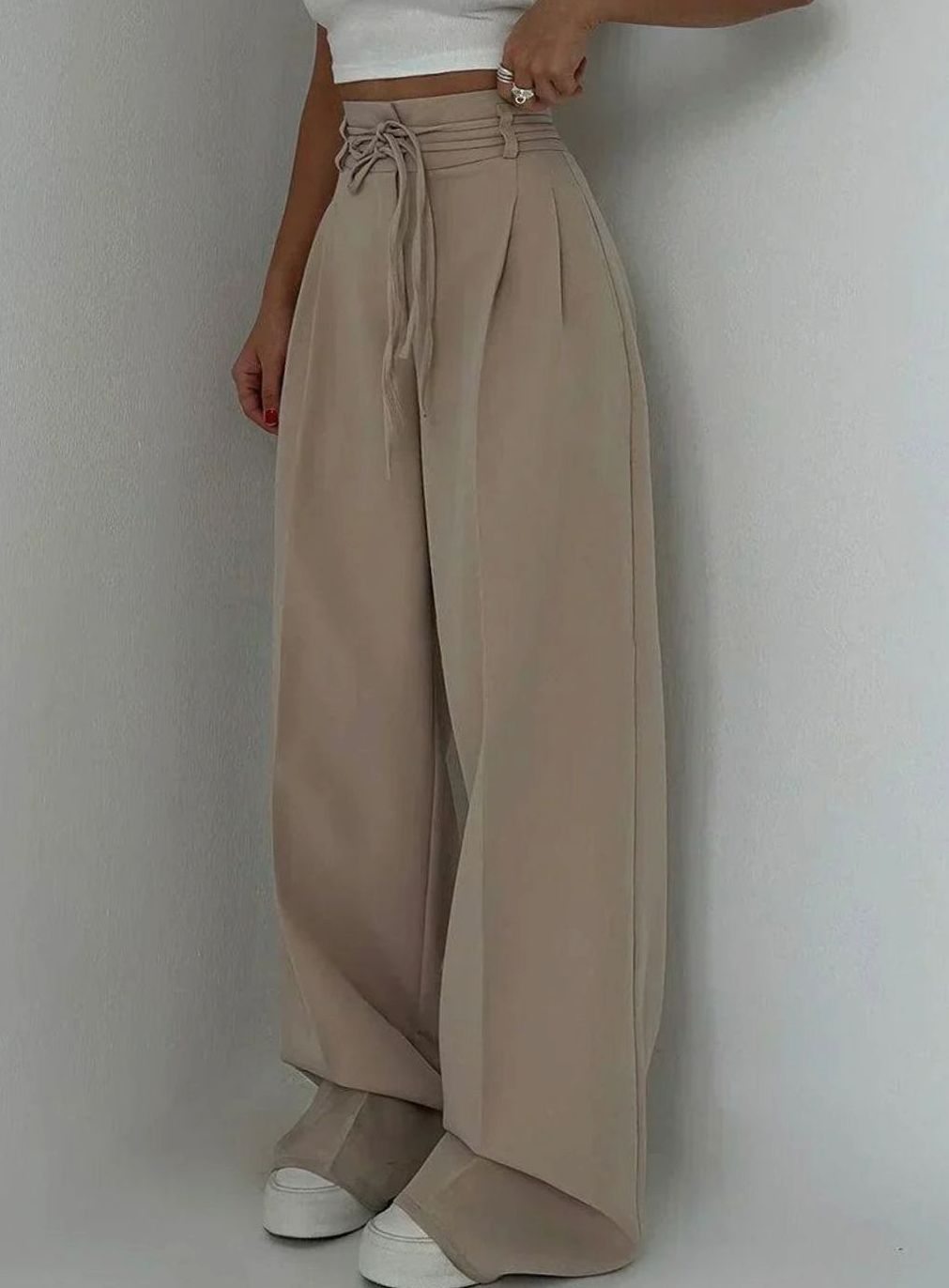 Women's High-Waist Wide-Leg Drawstring Tailored Trousers - Beige