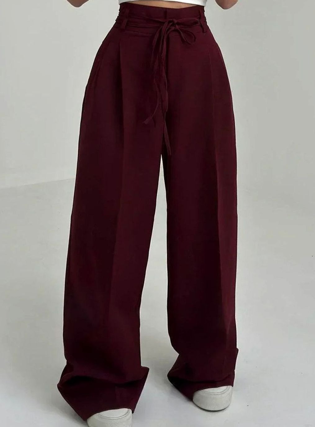 Women's High-Waist Wide-Leg Drawstring Tailored Trousers - Burgundy