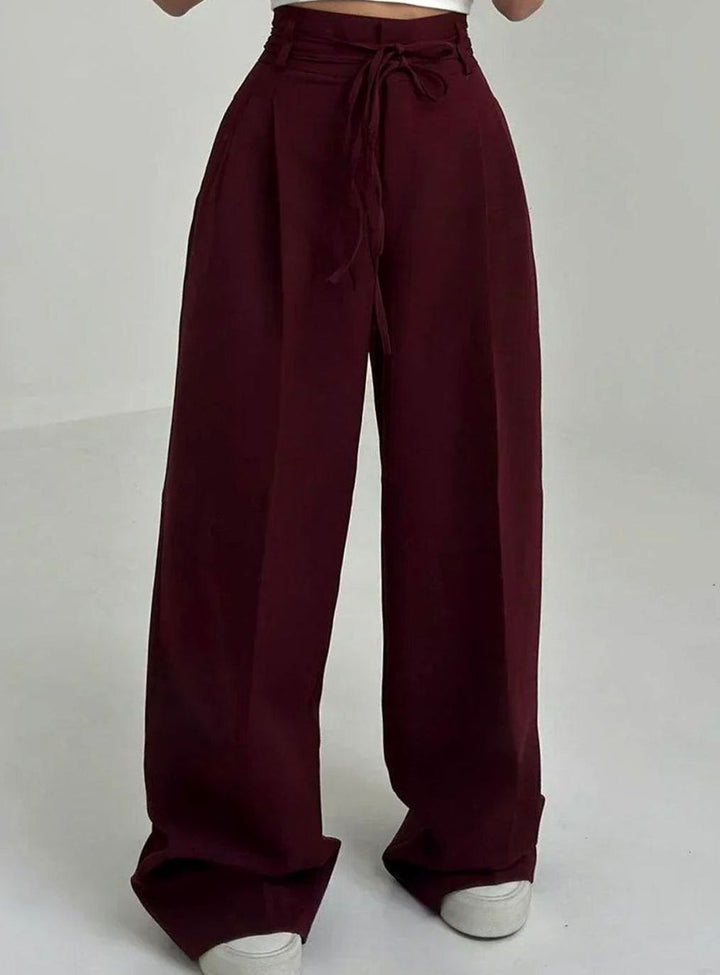 Women's High-Waist Wide-Leg Drawstring Tailored Trousers - Burgundy