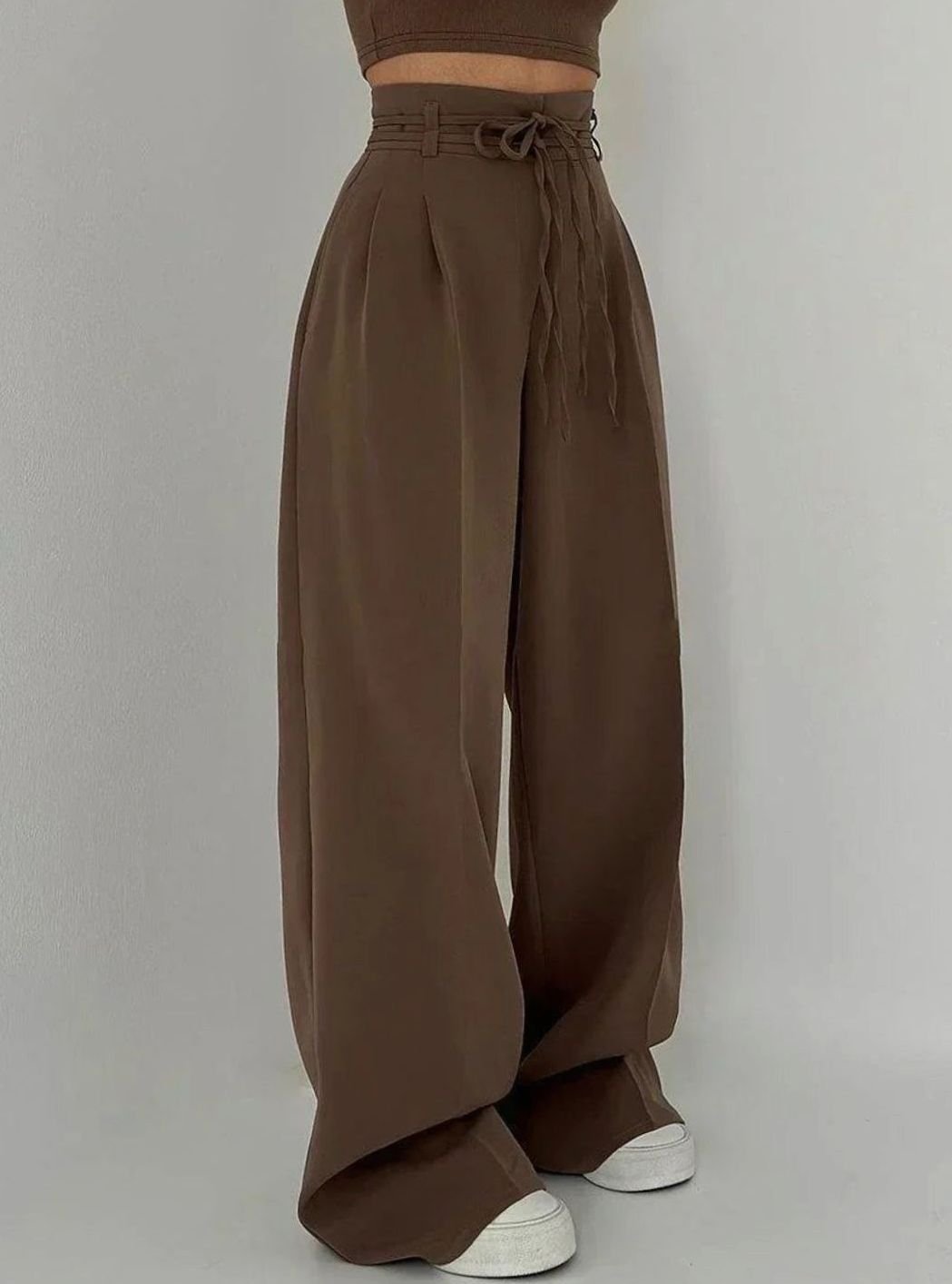 Women's High-Waist Wide-Leg Drawstring Tailored Trousers - Coffee Brown
