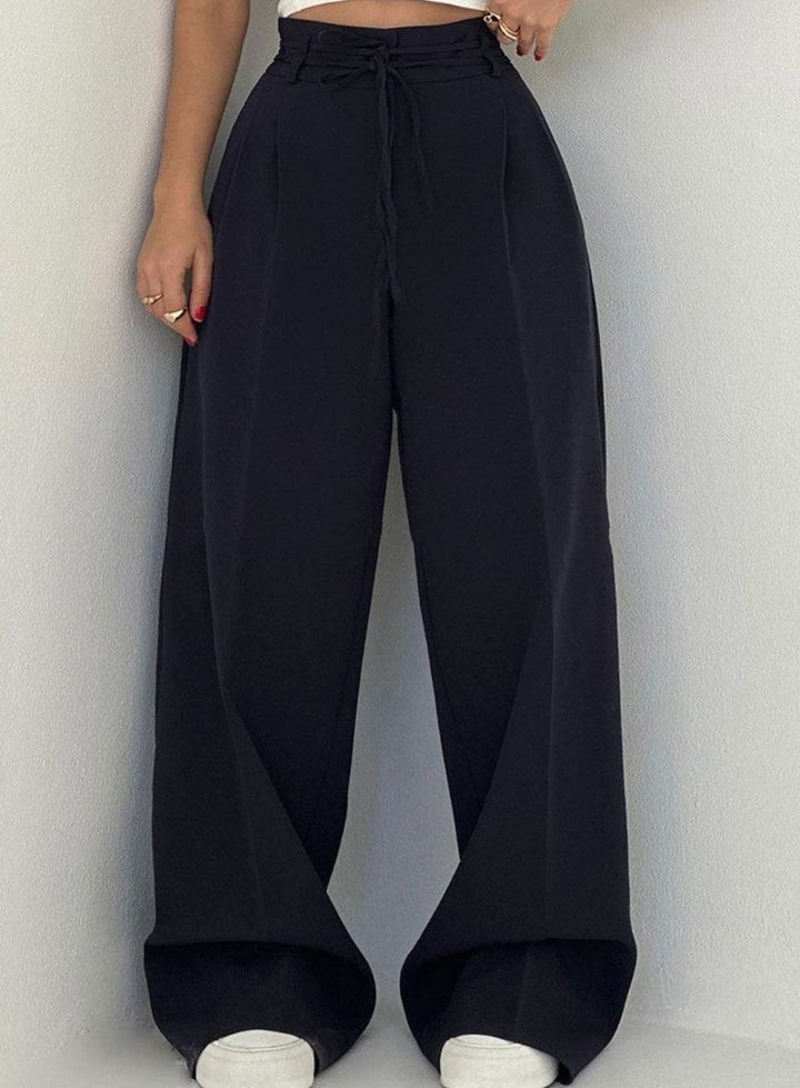 Women's High-Waist Wide-Leg Drawstring Tailored Trousers - Navy Blue