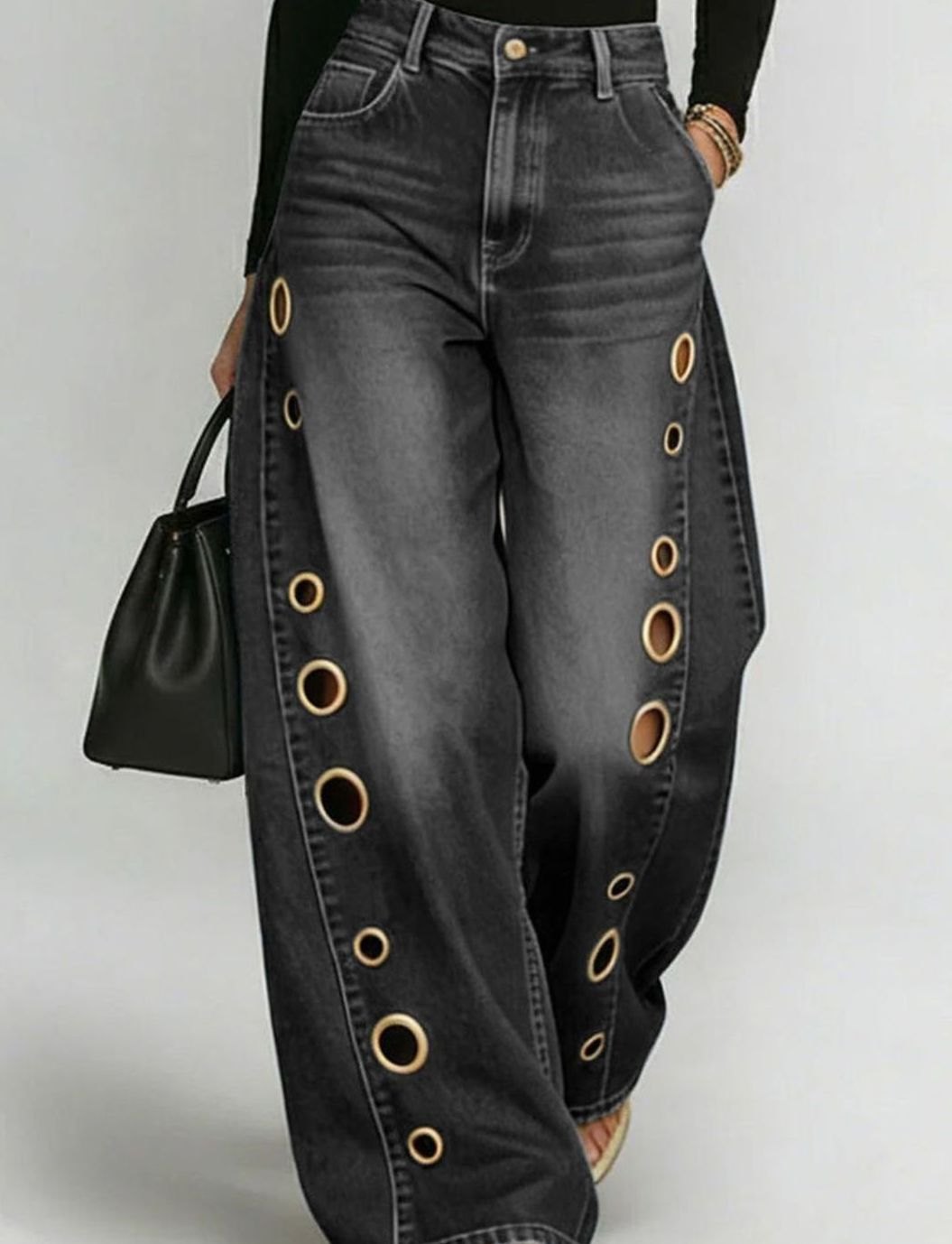 Women's High-Waist Wide-Leg Gold Eyelet Side-Panel Jeans - Black