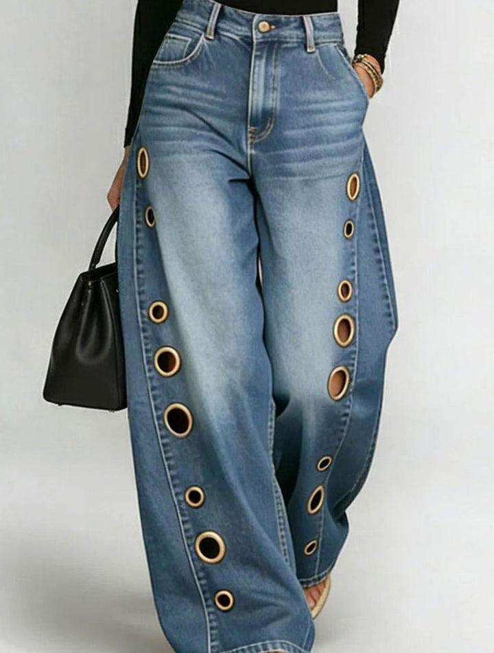 Women's High-Waist Wide-Leg Gold Eyelet Side-Panel Jeans - Blue