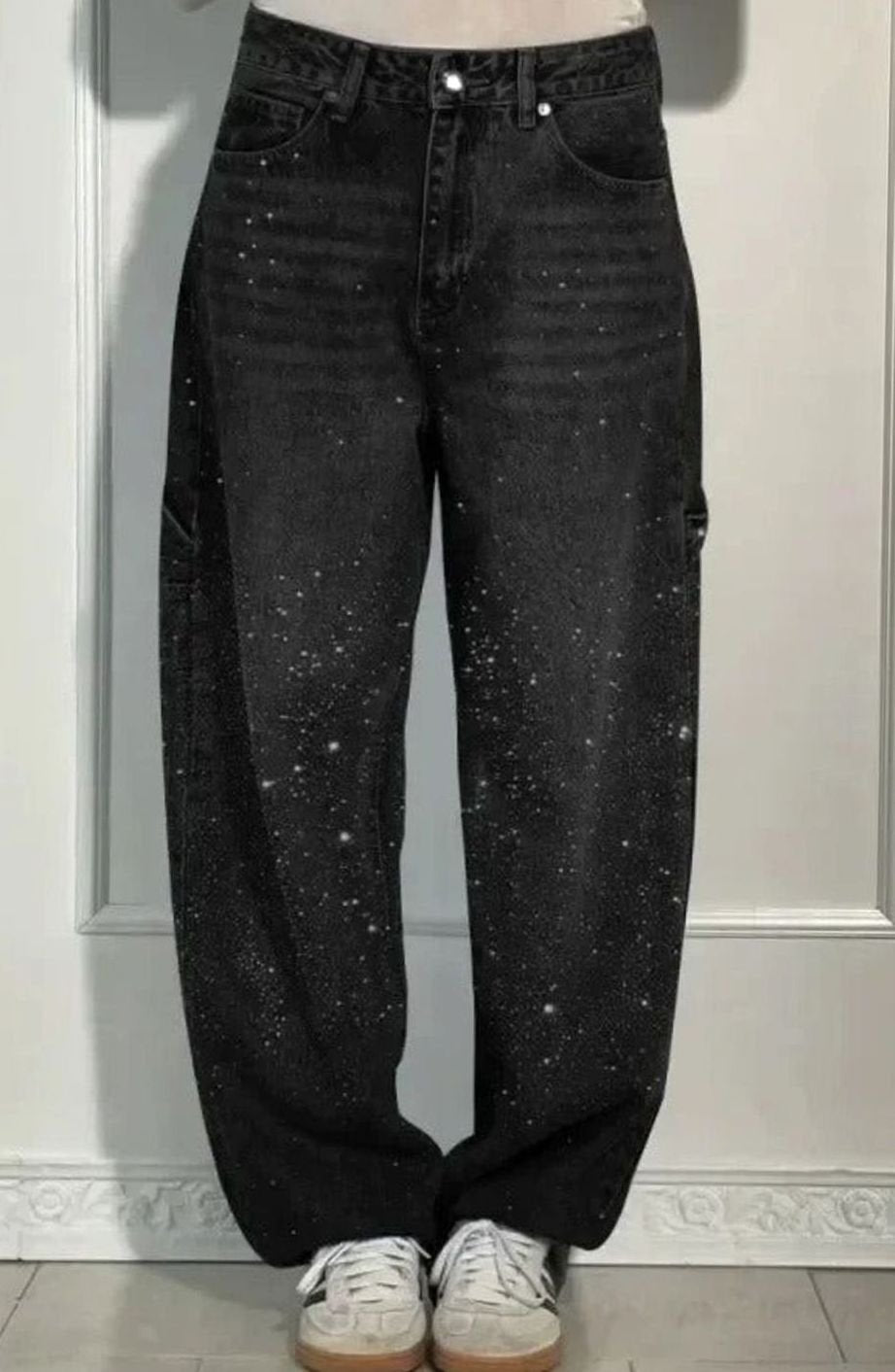 Women's High-Waist Wide-Leg Rhinestone Embellished Jeans - Black