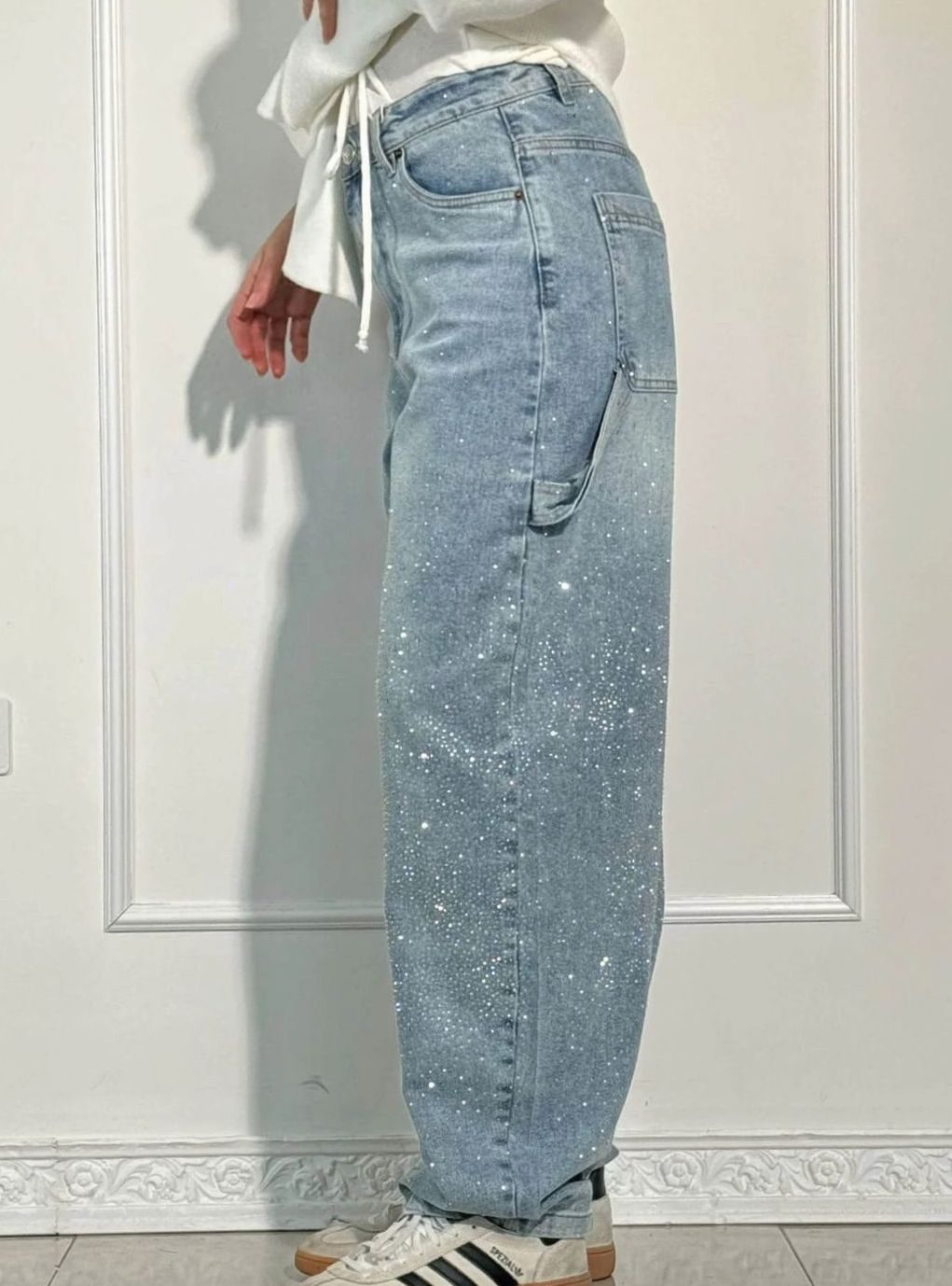 Women's High-Waist Wide-Leg Rhinestone Embellished Jeans