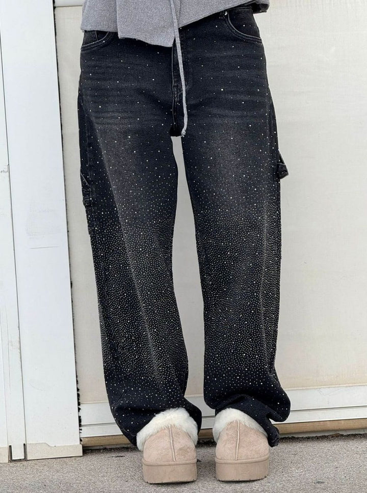 Women's High-Waist Wide-Leg Rhinestone Embellished Jeans