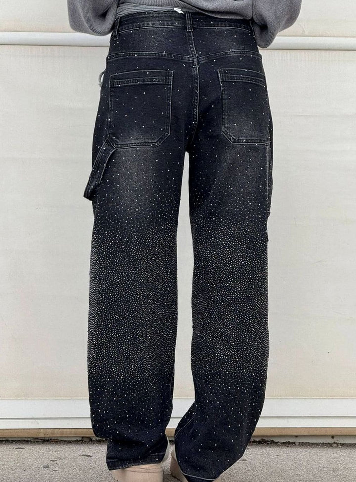 Women's High-Waist Wide-Leg Rhinestone Embellished Jeans