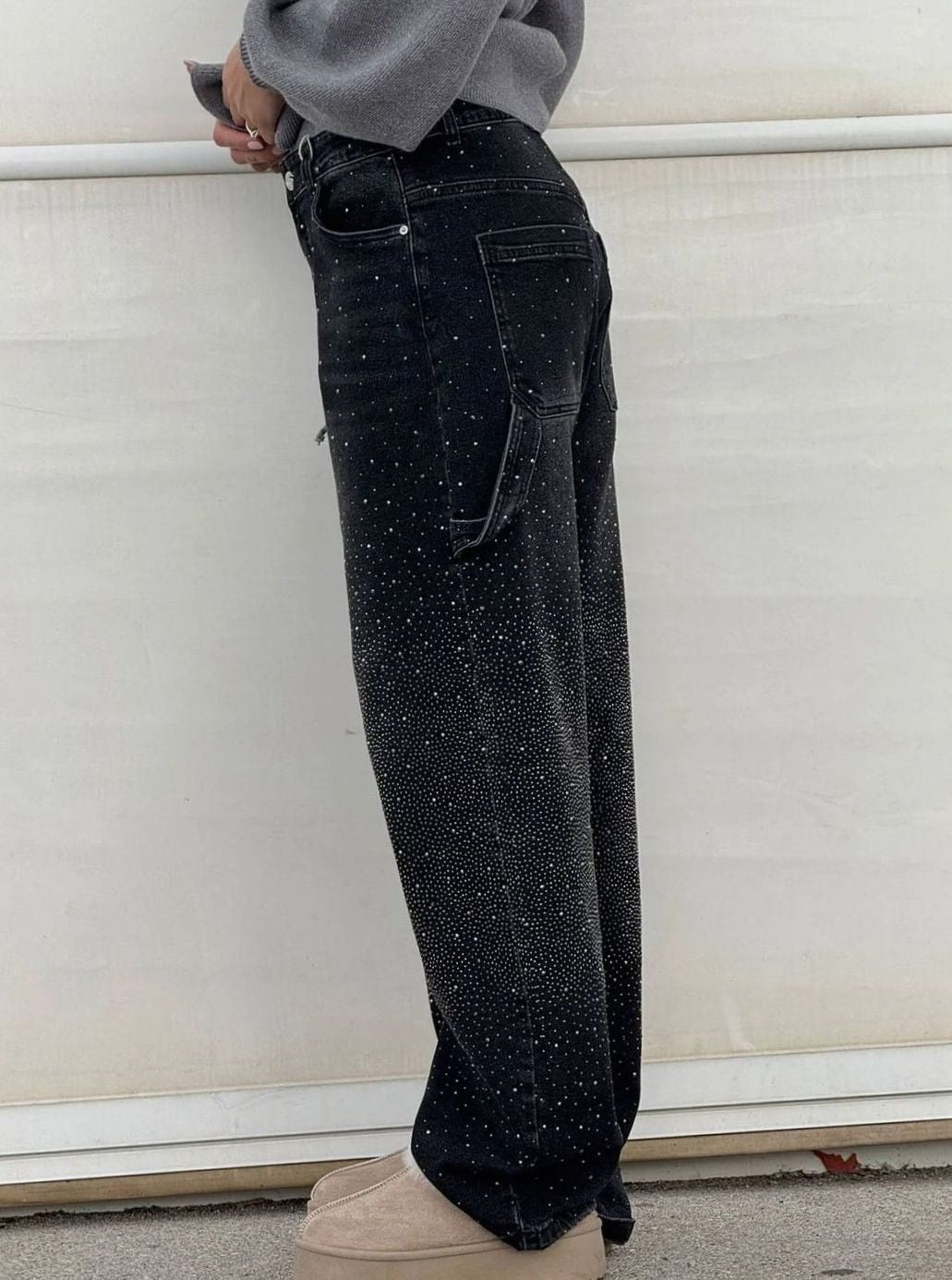 Women's High-Waist Wide-Leg Rhinestone Embellished Jeans