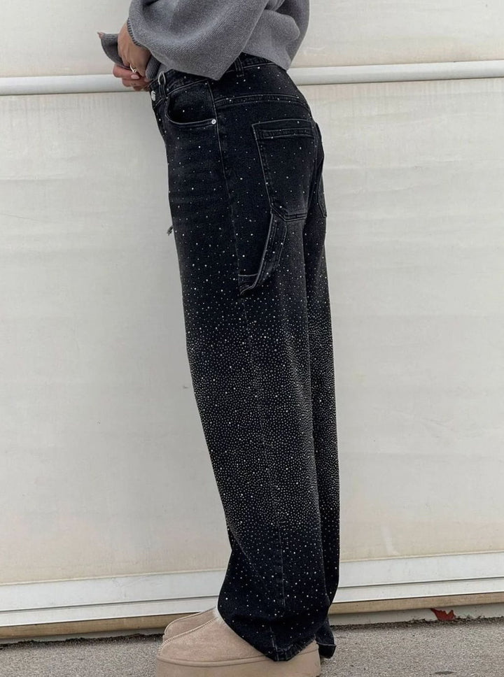 Women's High-Waist Wide-Leg Rhinestone Embellished Jeans