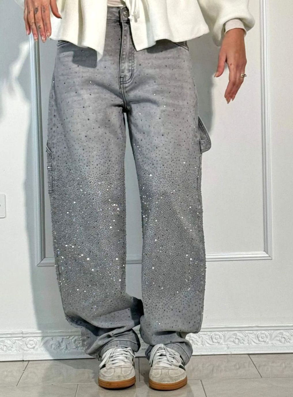 Women's High-Waist Wide-Leg Rhinestone Embellished Jeans