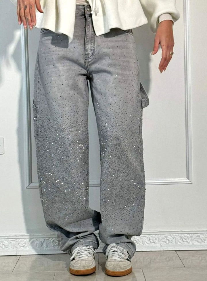 Women's High-Waist Wide-Leg Rhinestone Embellished Jeans