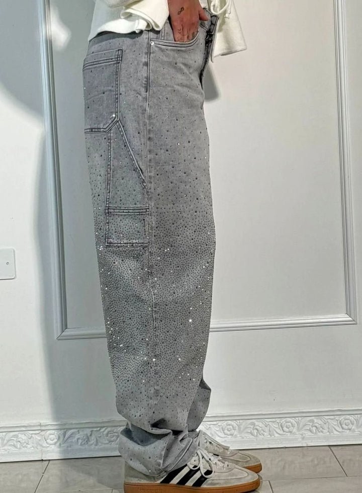 Women's High-Waist Wide-Leg Rhinestone Embellished Jeans