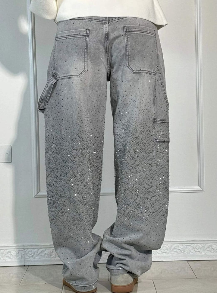 Women's High-Waist Wide-Leg Rhinestone Embellished Jeans