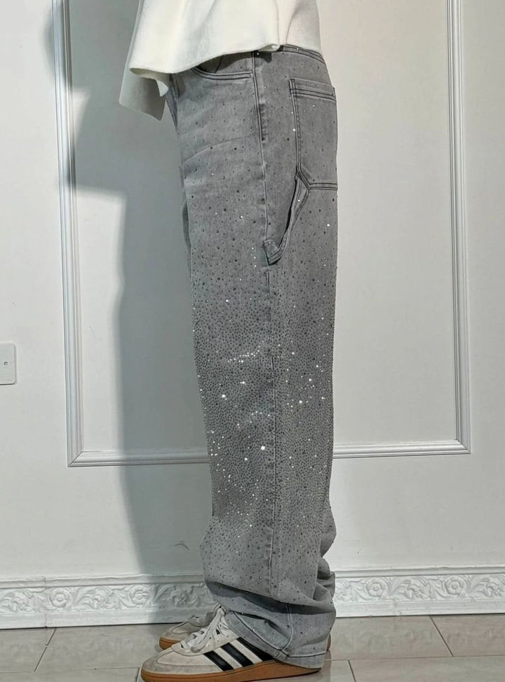 Women's High-Waist Wide-Leg Rhinestone Embellished Jeans