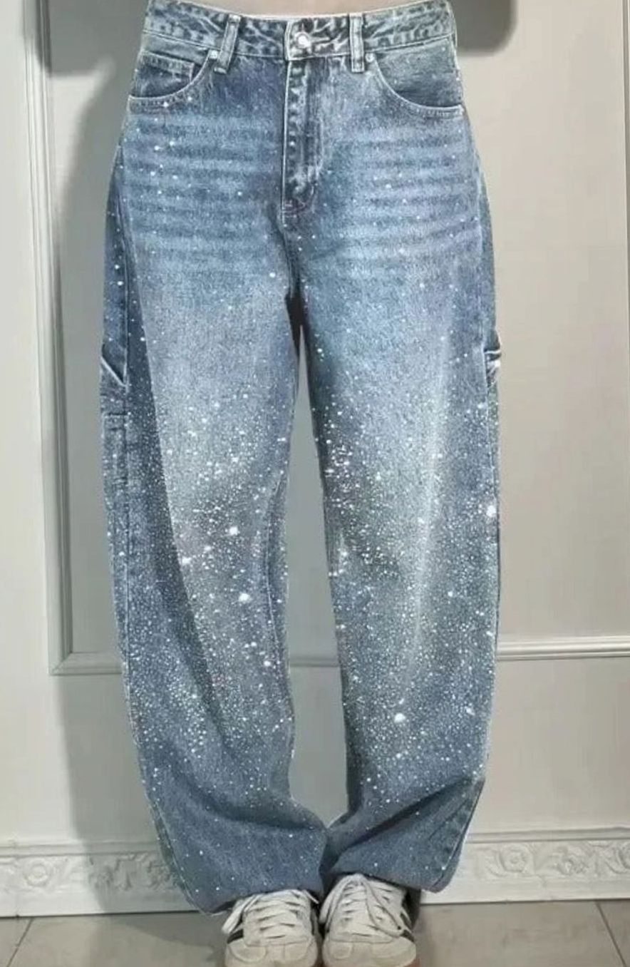 Women's High-Waist Wide-Leg Rhinestone Embellished Jeans - Sky Blue