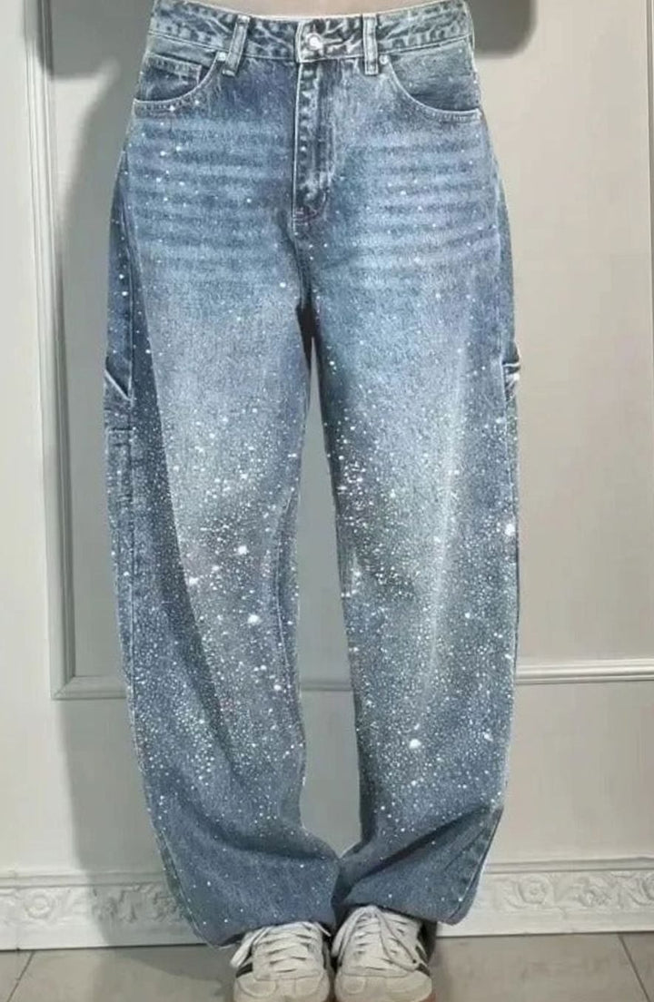 Women's High-Waist Wide-Leg Rhinestone Embellished Jeans - Sky Blue