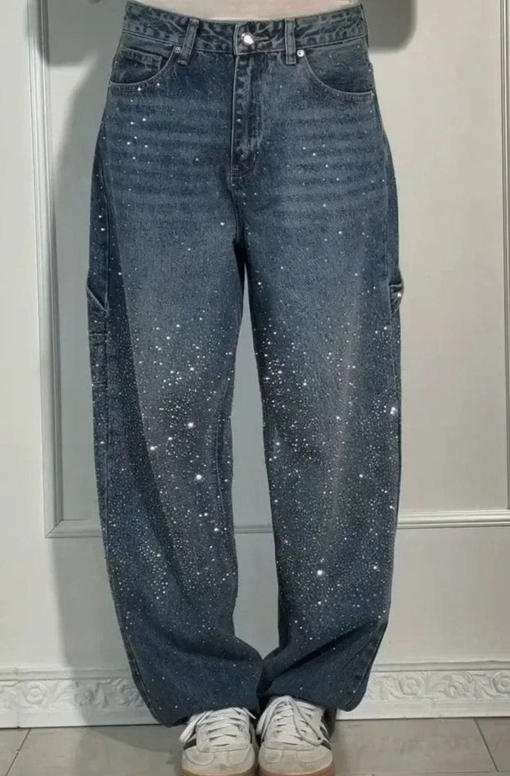 Women's High-Waist Wide-Leg Rhinestone Embellished Jeans - Blue