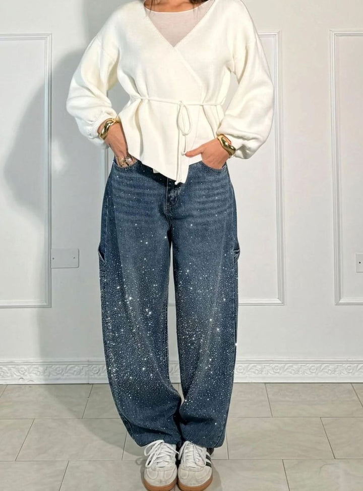 Women's High-Waist Wide-Leg Rhinestone Embellished Jeans