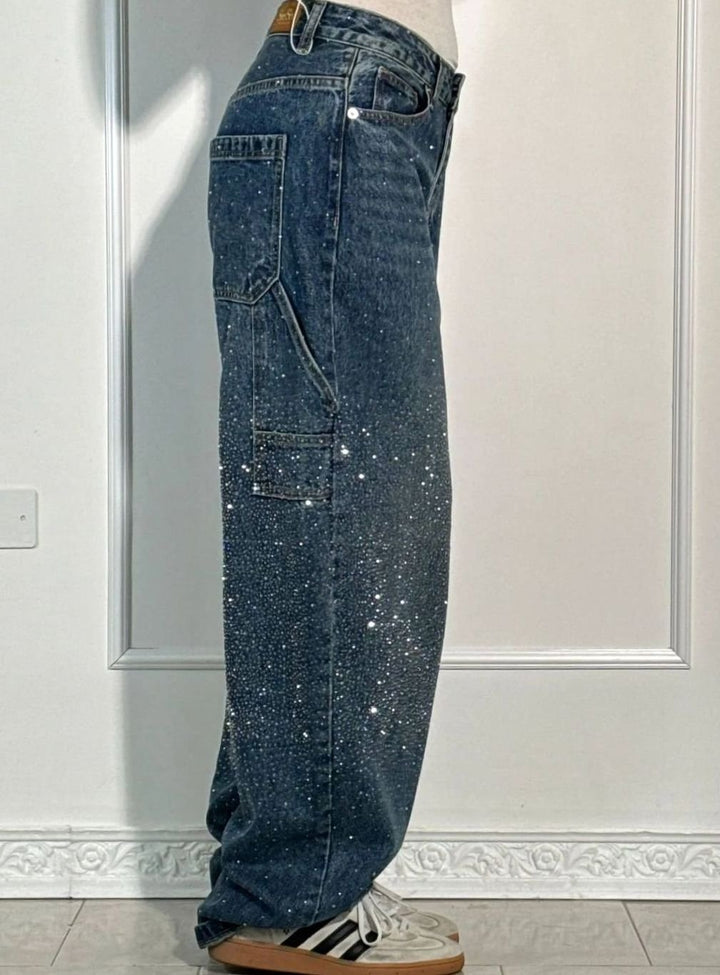 Women's High-Waist Wide-Leg Rhinestone Embellished Jeans