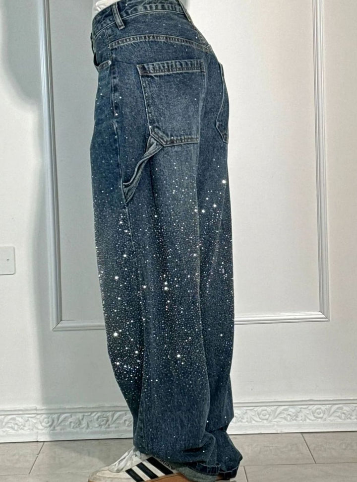 Women's High-Waist Wide-Leg Rhinestone Embellished Jeans