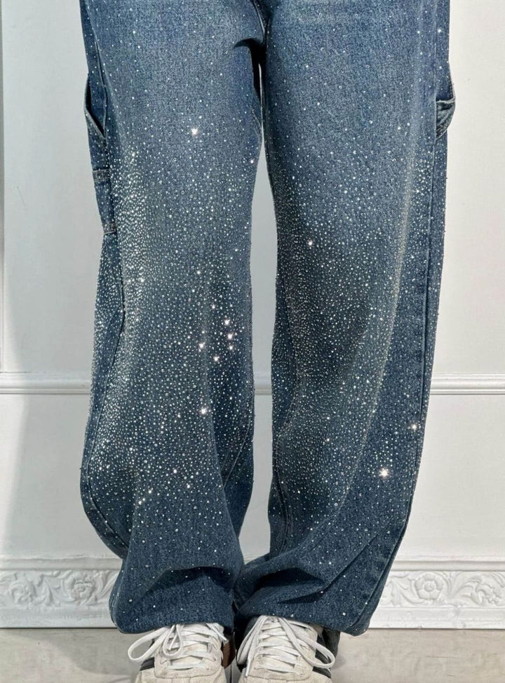 Women's High-Waist Wide-Leg Rhinestone Embellished Jeans