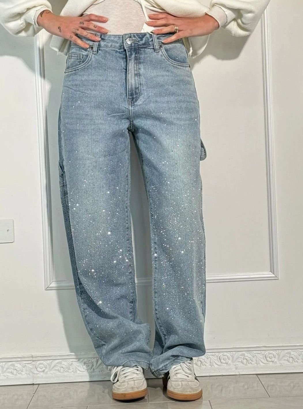 Women's High-Waist Wide-Leg Rhinestone Embellished Jeans