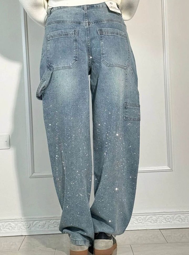 Women's High-Waist Wide-Leg Rhinestone Embellished Jeans