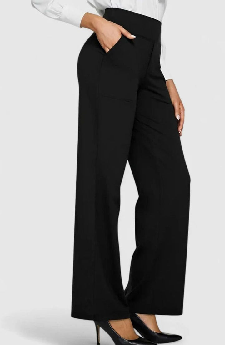 Women's High-Waist Wide-Leg Stretch Trousers Pockets - Black
