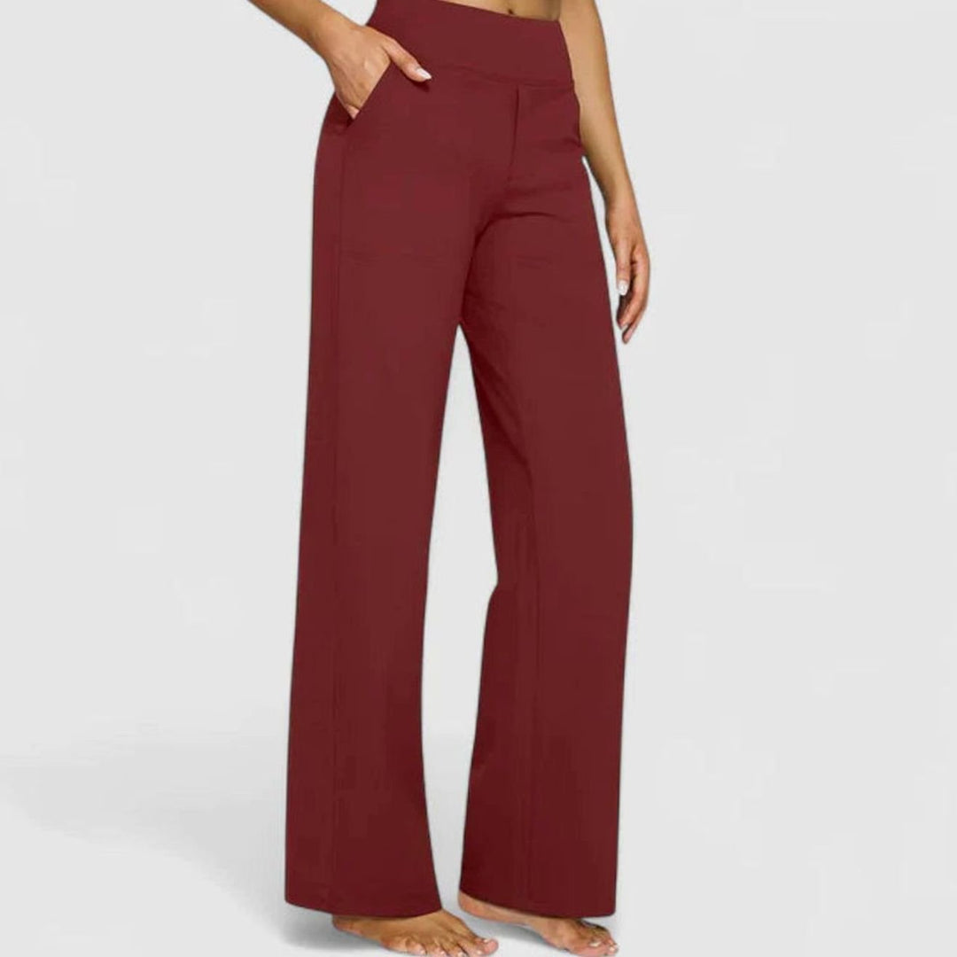 Women's High-Waist Wide-Leg Stretch Trousers Pockets - Red