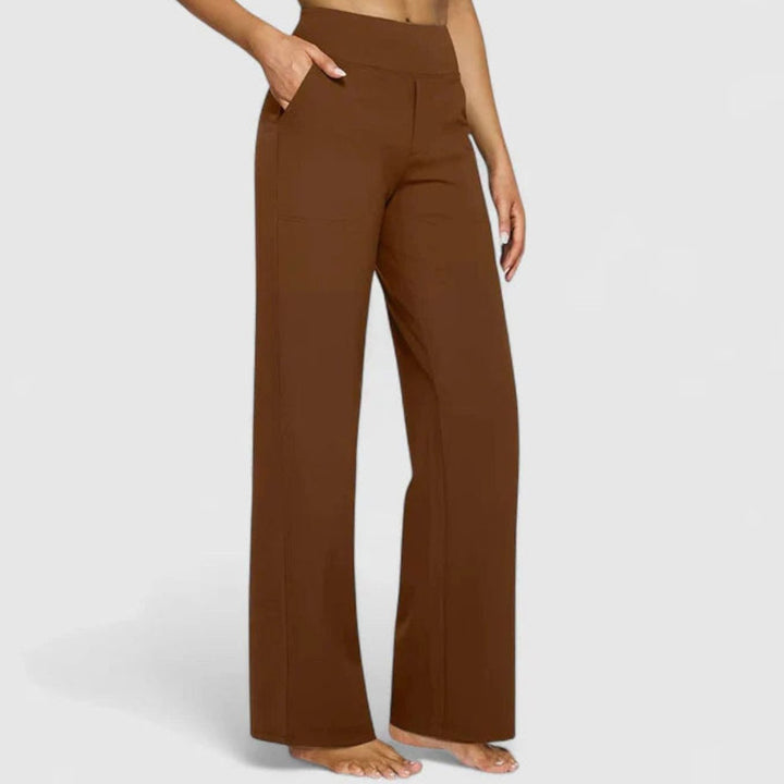 Women's High-Waist Wide-Leg Stretch Trousers Pockets - Brown