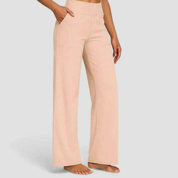 Women's High-Waist Wide-Leg Stretch Trousers Pockets - Apricot