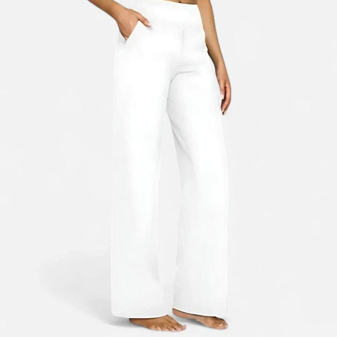 Women's High-Waist Wide-Leg Stretch Trousers Pockets - White