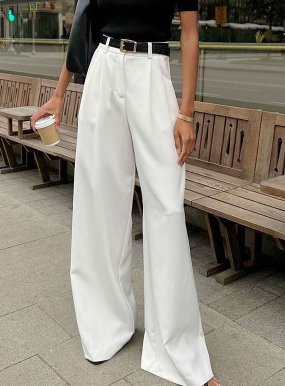 Women's High-Waist Wide-Leg Tailored Pleated Trousers - White