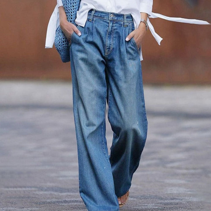 Women's High-Waist Wide-Leg Vintage Denim Jeans - Blue