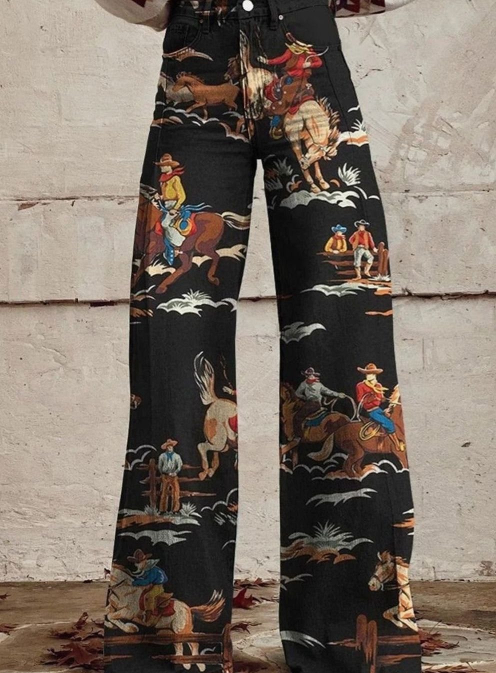 Women's High-Waist Wide-Leg Western Print Denim Jeans - Black
