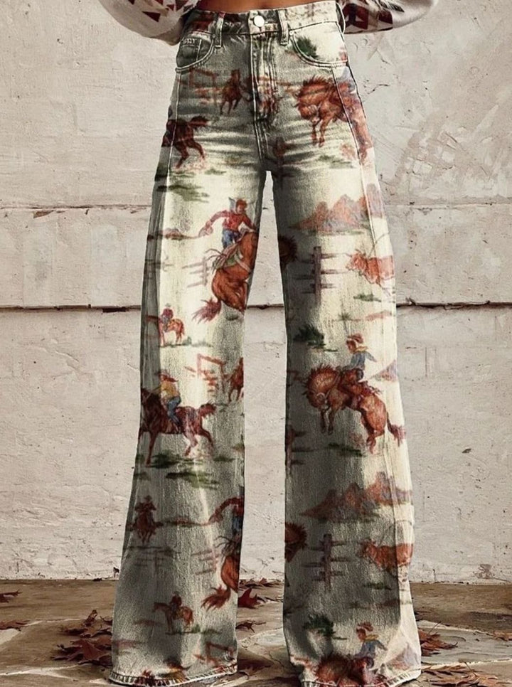 Women's High-Waist Wide-Leg Western Print Denim Jeans - Beige