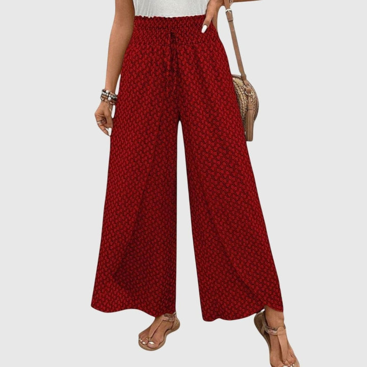 Women's High-Waisted Palazzo Printed Wide-Leg Trousers - Red