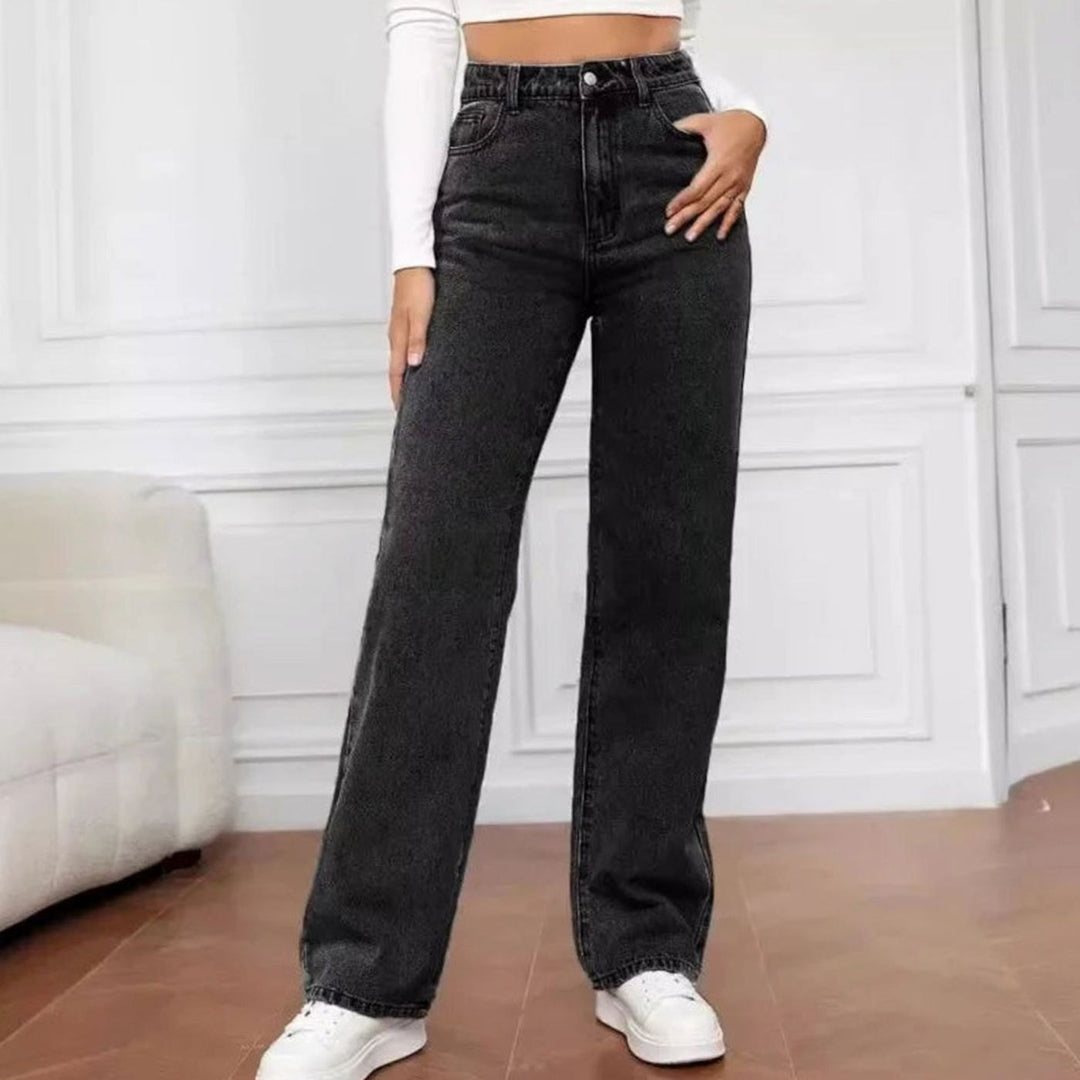 Women's High-Waisted Wide-Leg Denim Jeans Relaxed Fit - Dark Grey