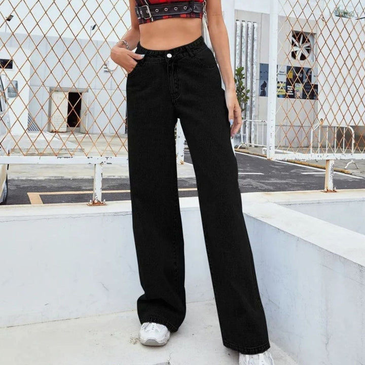 Women's High-Waisted Wide-Leg Denim Jeans Relaxed Fit - Black