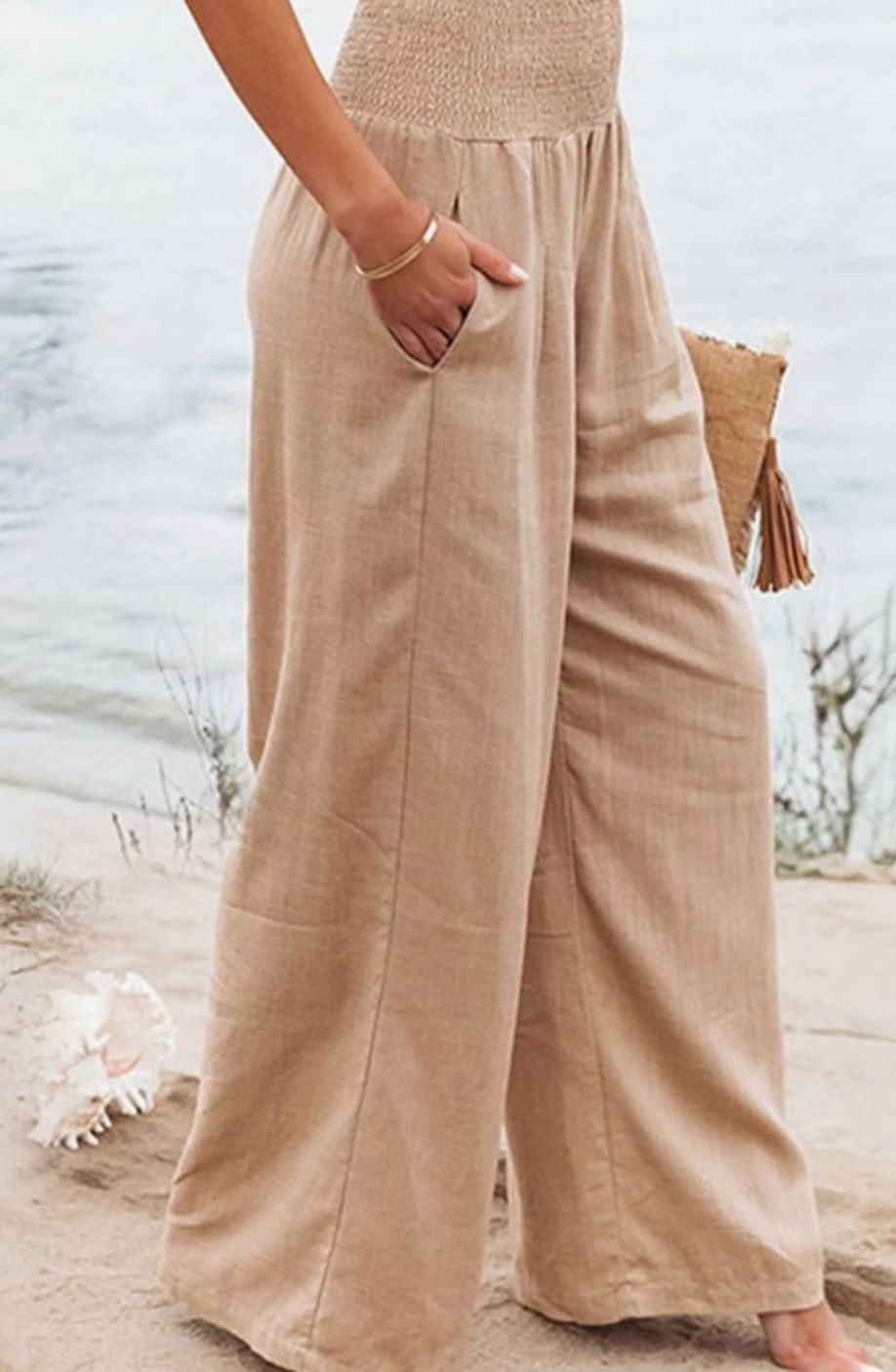 Women's High-Waisted Wide Leg Smocked Linen Trousers