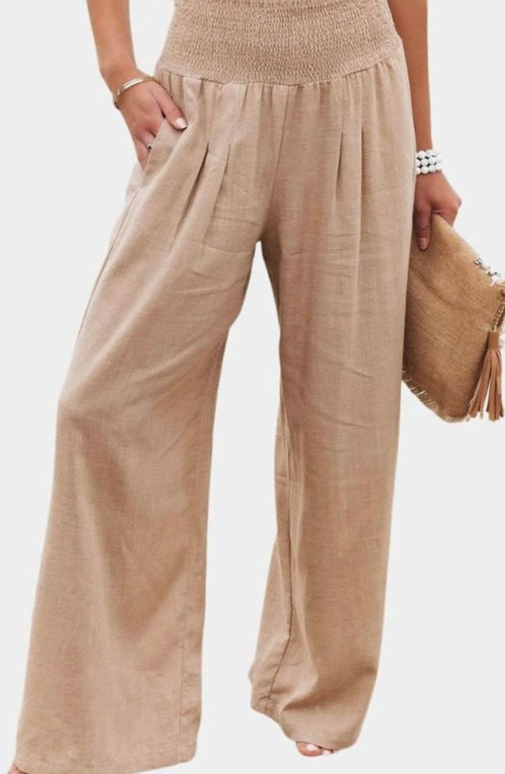 Women's High-Waisted Wide Leg Smocked Linen Trousers - Khaki