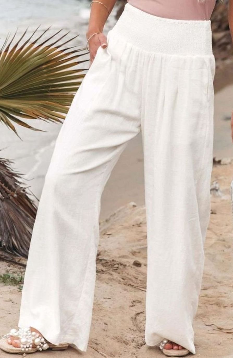 Women's High-Waisted Wide Leg Smocked Linen Trousers - White