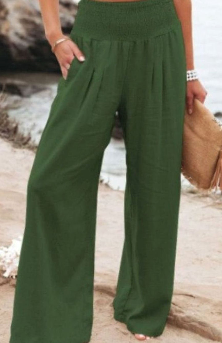 Women's High-Waisted Wide Leg Smocked Linen Trousers - Army Green