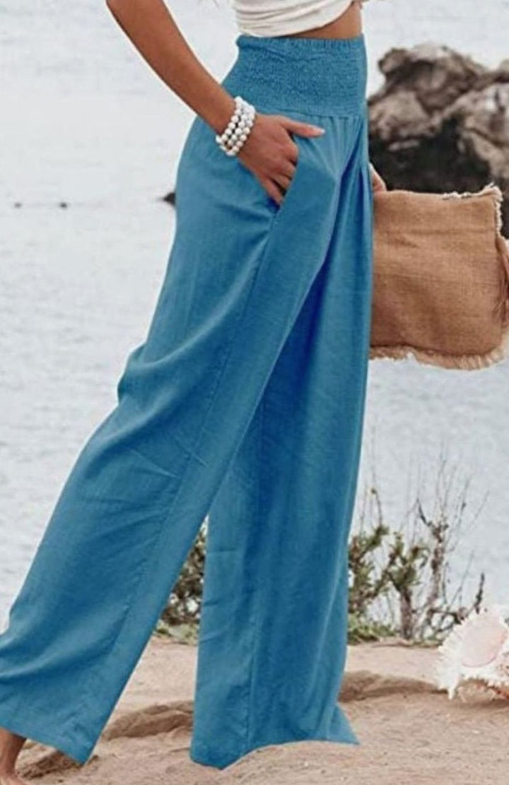 Women's High-Waisted Wide Leg Smocked Linen Trousers - Peacock Blue